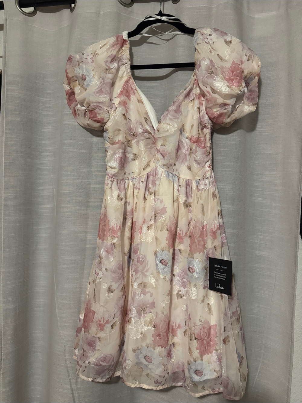 Floral Puff-Sleeve Dress - Cream & Pink